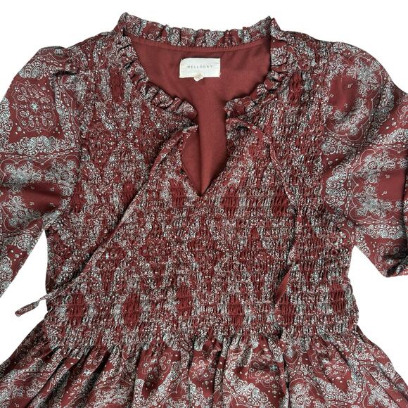 Melloday Womens Boho Peasant Blouse Small Rust Red Smocked Phoebe Buffay Cottage - Picture 2 of 16